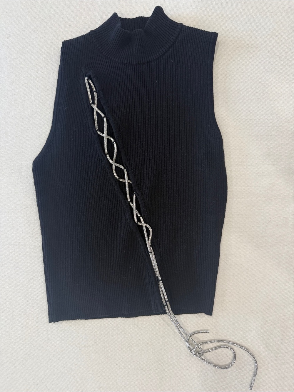 Forever 21 Black Sleeveless Mock Neck Tank with Silver Lace-Up Detail